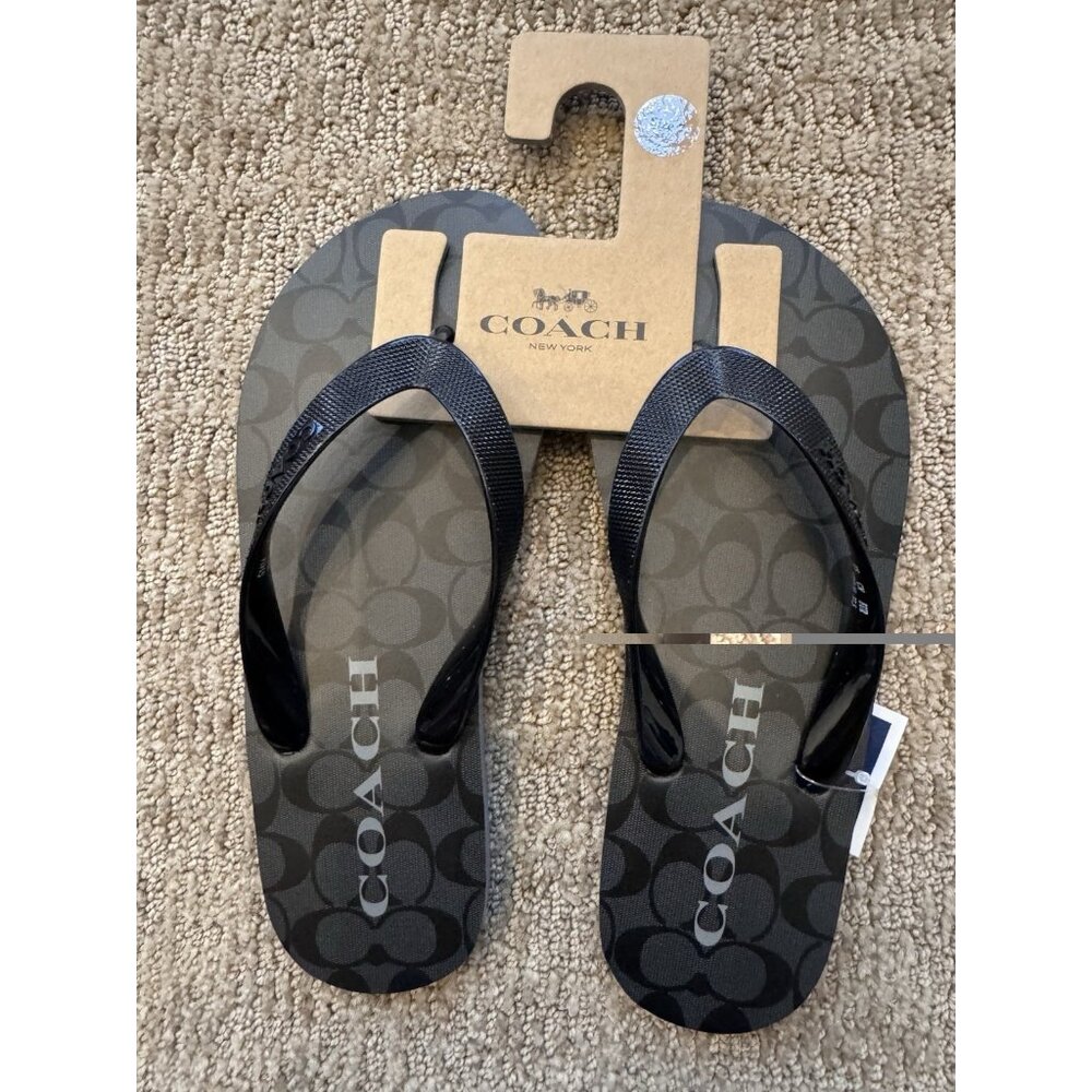 NWT Coach Zak Flip Flops Black & Coal Women Size 5/6 Signature Logo Sandals